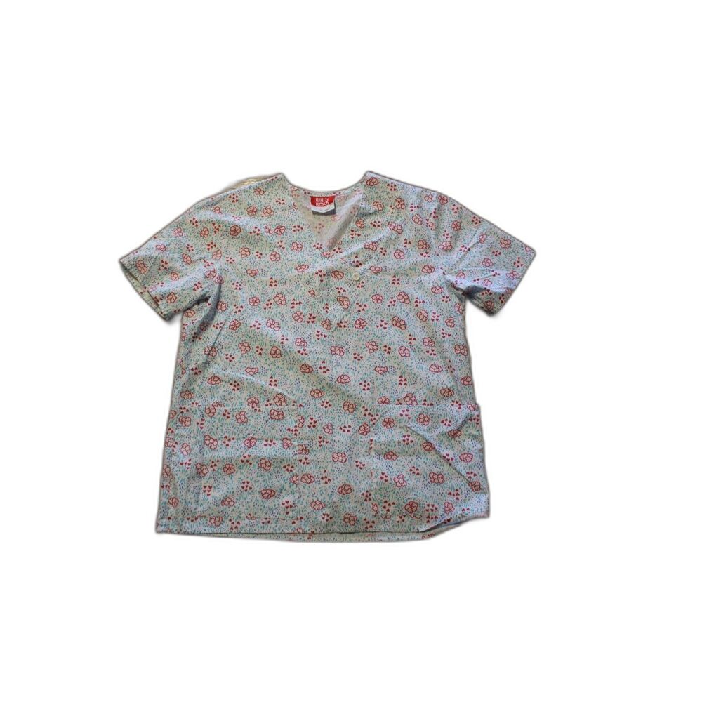White Rock Women V-Neck Short Sleeve Medical Scrub Size Medium Floral Pattern